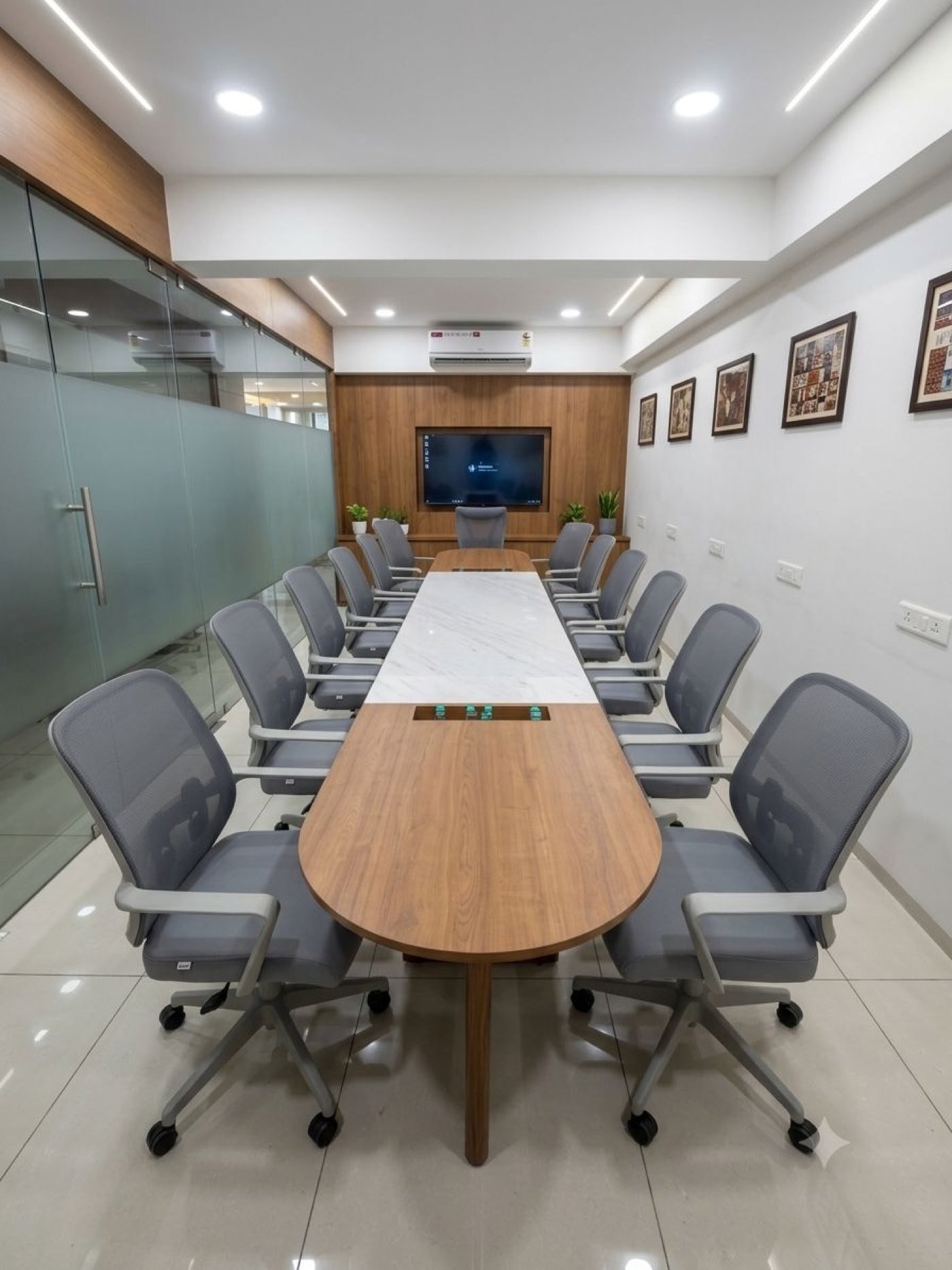 Conference room for rent in Ahmedabad with a long boardroom table, twelve grey mesh chairs, wall-mounted presentation screen and glass partition