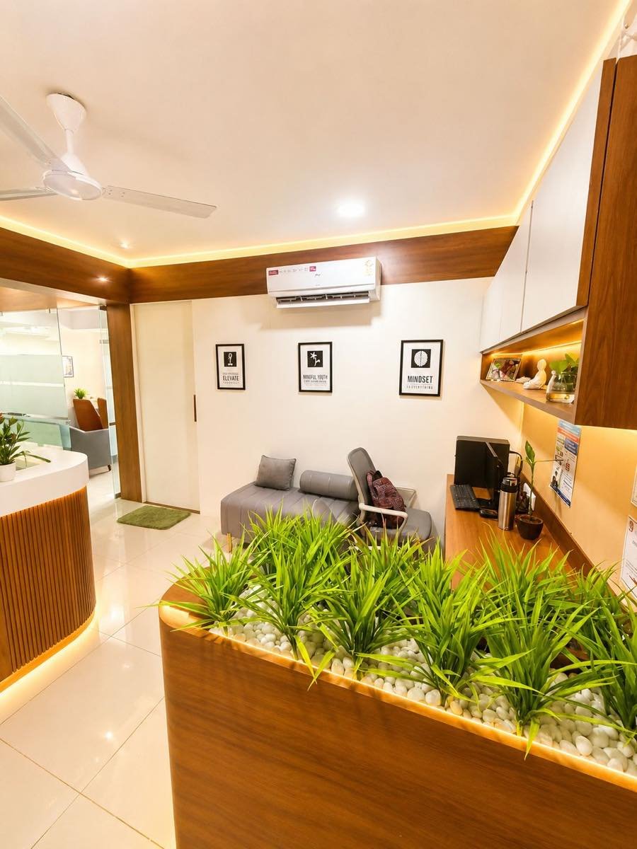 Reception and waiting area at the Expert Educare content creator studio and conference room in Prahladnagar Ahmedabad